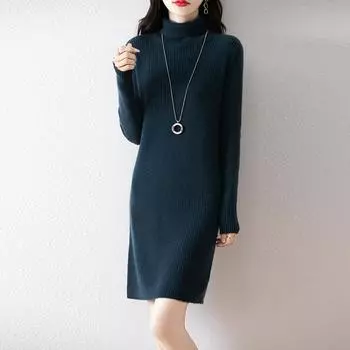 Женское платье-свитер 100% шерсть MODERN NEW SAGA Водолазка вязаный длинный пуловер зимние джемперы шерстяное длинное платье женское S верблюд
