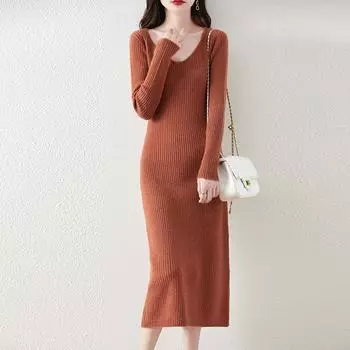 Женское платье-свитер 100% шерсть MODERN NEW SAGA V-образный вырез трикотажный длинный пуловер зимние джемперы шерстяное длинное платье женское S верблюд