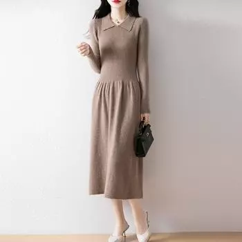 Женское платье-свитер 100% шерсть MODERN NEW SAGA вязаный длинный пуловер зимние джемперы воротник поло шерстяное длинное платье женское S верблюд