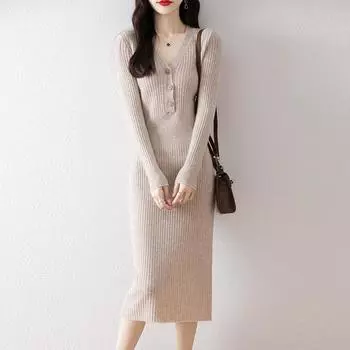 Женское платье-свитер 100% шерсть MODERN NEW SAGA V-образный вырез трикотажный длинный пуловер зимние джемперы шерстяное длинное платье женское S верблюд