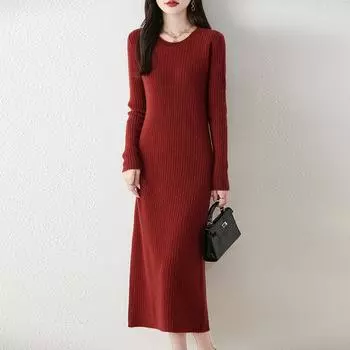 Женское платье-свитер 100% шерсть MODERN NEW SAGA O-образный вырез трикотажный длинный пуловер зимние джемперы шерстяное длинное платье женское S бежевый