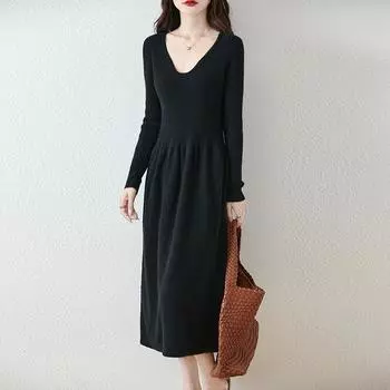 Женское платье-свитер 100% шерсть MODERN NEW SAGA V-образный вырез трикотажный длинный пуловер зимние джемперы шерстяное длинное платье женское S бежевый