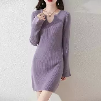 Женское платье-свитер 100% шерсть MODERN NEW SAGA V-образный вырез трикотажный длинный пуловер зимние джемперы шерстяное длинное платье женское S бежевый