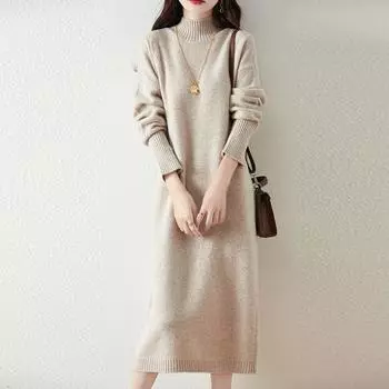 Женское платье-свитер 100% шерсть MODERN NEW SAGA Водолазка вязаный длинный пуловер зимние джемперы шерстяное длинное платье женское M бежевый