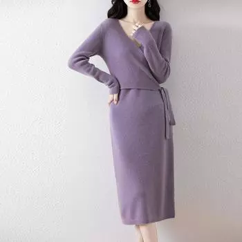 Женское платье-свитер 100% шерсть MODERN NEW SAGA V-образный вырез трикотажный длинный пуловер зимние джемперы шерстяное длинное платье женское S бежевый