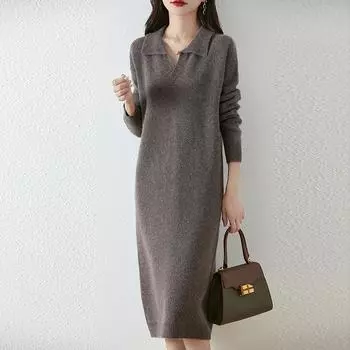 Женское платье-свитер из 100% шерсти с V-образным вырезом, длинный трикотажный пуловер с воротником-поло, зимние джемперы из шерсти, длинное женское платье XL серый