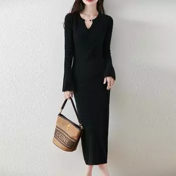 Женское платье-свитер из 100% шерсти с V-образным вырезом, длинный вязаный пуловер, зимние джемперы, шерстяное длинное платье для женщин S верблюд