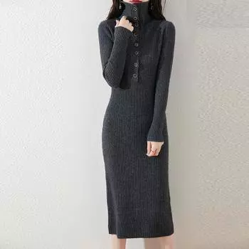 Женское платье-свитер из 100% шерсти, длинный трикотажный пуловер, зимние джемперы, длинное платье из шерсти для женщин M темно серый