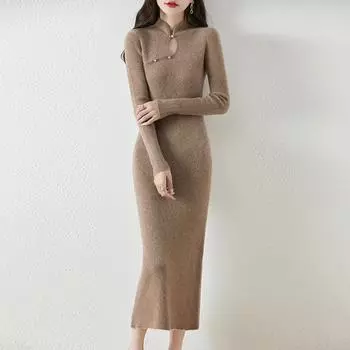 Женское платье-свитер из 100% шерсти, длинный трикотажный пуловер, зимние джемперы, длинное платье из шерсти для женщин L оранжевый