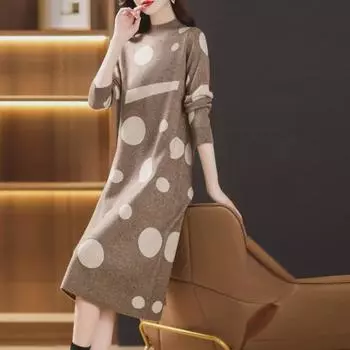 Женское платье-свитер из кашемира 2024: Трикотаж средней длины, свободный крой, плотный, на осень/зиму. L бежевый