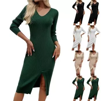 Женское платье-свитер миди с длинным рукавом и V-образным вырезом, облегающее повседневное зимнее платье длиной до колена L армия зеленый