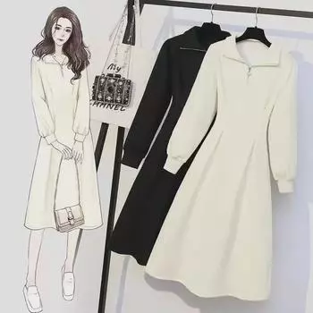 Женское платье-свитер на молнии в корейском стиле больших размеров - плотный бархат, однотонный, повседневная длинная юбка на осень/зиму XL (115-130 jin)