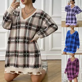Женское платье-свитер на осень и зиму, толстые секции, сращивание, клетчатые, с длинными рукавами, повседневные платья One Size абрикосовый