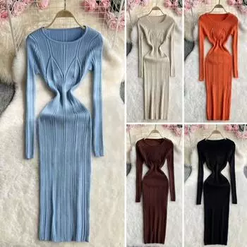 Женское платье-свитер, облегающее, с высокой эластичностью, с круглым вырезом, длинными рукавами, облегающее платье-миди, трикотажное однотонное платье с узкой талией для свиданий темно-коричневого