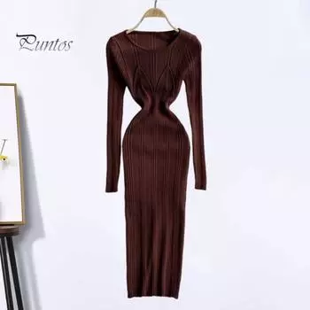 Женское платье-свитер, облегающее, с высокой эластичностью, с круглым вырезом, длинными рукавами, облегающее платье-миди, трикотажное однотонное платье с узкой талией для свиданий темно-коричневого
