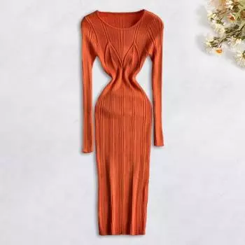 Женское платье-свитер, обтягивающее, с высокой эластичностью, с круглым вырезом, с длинными рукавами, миди оранжевый