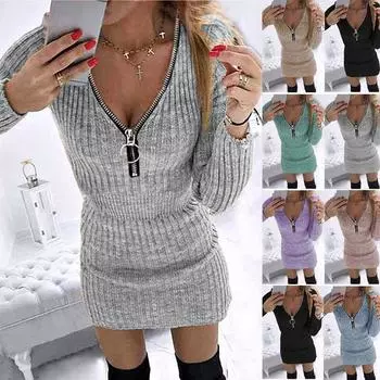 Женское платье-свитер, однотонная вязаная юбка-свитер на молнии, осень-зима, сумка с длинными рукавами, хип-юбка, пуловеры больших размеров 2XL чёрный