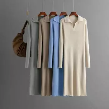 Женское платье-свитер премиум-класса с воротником-поло, свободным кроем, длиной до колена, трикотажное платье с высокой эластичностью, однотонное, с узким низом One Size чёрный