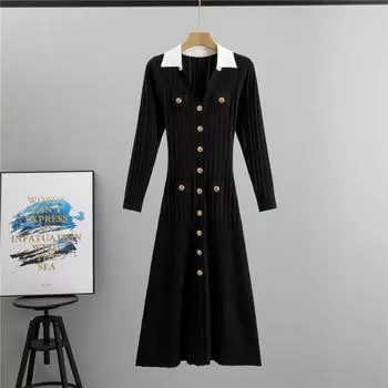 Женское платье-свитер с длинным рукавом, весна-осень, V-образный вырез, ребристый трикотаж, повседневные, формальные, коктейльные, облегающие, макси-платья, на пуговицах, облегающие, А-силуэта, платья для женщин one size fits all чёрный