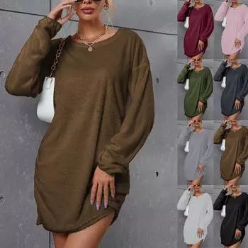 Женское платье-свитер с длинным рукавом, повседневный джемпер, платье-свитер, свободные большие размеры, плюшевые теплые осенне-зимние платья 4XL армия зеленый