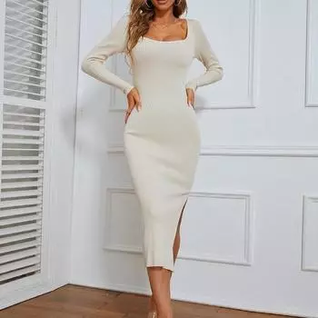 Женское платье-свитер с длинными рукавами, квадратным вырезом и боковыми разрезами, облегающее трикотажное платье-миди в рубчик для женщин, весна-осень S абрикосовый