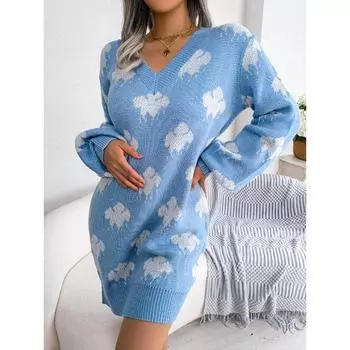 Женское платье-свитер с контрастными рукавами-фонариками и принтом облаков, осенне-зимняя коллекция S розовый