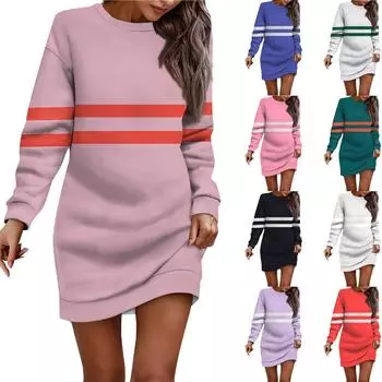 Женское платье-свитер с круглым вырезом и полосатым рисунком, длинными рукавами и бедрами L