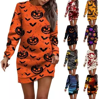 Женское платье-свитер с круглым вырезом и длинными рукавами на Хэллоуин XXL шафрановый