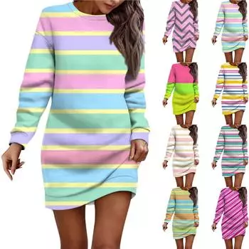 Женское платье-свитер с круглым вырезом и полосатым рисунком, длинными рукавами и бедрами M