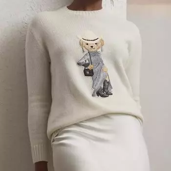 Женское платье-свитер с круглым вырезом в европейском и американском стиле осень/зима с рисунком медведя - повседневный стиль с длинными рукавами Small грязно-белый