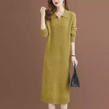 Женское платье-свитер с лацканами в корейском стиле осень-зима 2024 года - выше колена, средней длины, свободного кроя One Size желто-зеленый