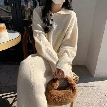 Женское платье-свитер с лаппером, свободное утолщенное платье-свитер миди длиной выше колена one size белый