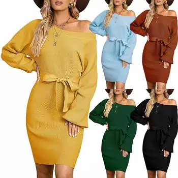 Женское платье-свитер с открытыми плечами, тонкое вязаное платье с длинными рукавами и поясом, осенняя одежда XXL чёрный