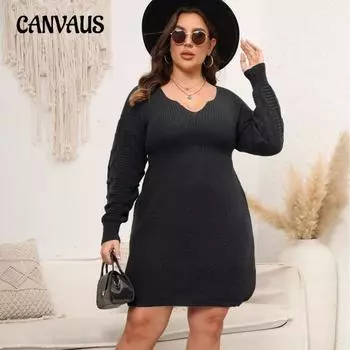 Женское платье-свитер с V-образным вырезом и линией талии в осеннем стиле больших размеров 1XL чёрный