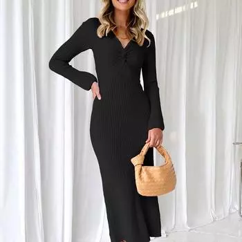 Женское платье-свитер с V-образным вырезом и длинными рукавами, облегающее платье-миди с ребристым плетением, однотонное длинное платье-карандаш S абрикосовый