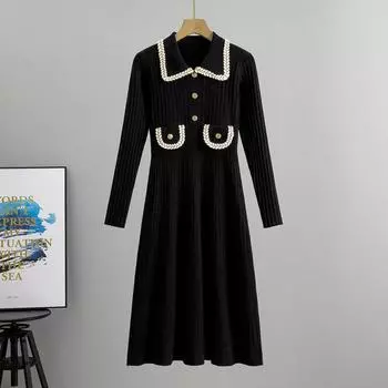 Женское платье-свитер весна-осень, зимнее, с длинным рукавом, на пуговицах, элегантное, формальное, вечернее, мини-платье для женщин, повседневное, А-силуэт, плиссированное, облегающее платье-свитер one size fits all чёрный