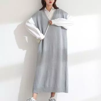 Женское платье-свитер зима осень большой размер новый вязаный безрукавный жилет с V-образным вырезом женский базовый однотонный свободный пуловер One Size серый