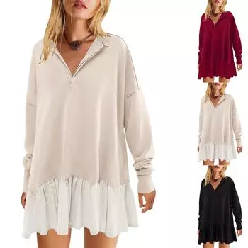 Женское платье-свитшот большого размера с длинным рукавом и V-образным вырезом в стиле пэчворк, повседневные мини-платья M бежевый