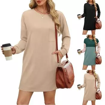 Женское платье-свитшот большого размера с длинным рукавом и V-образным вырезом в стиле пэчворк, повседневные мини-платья M чёрный