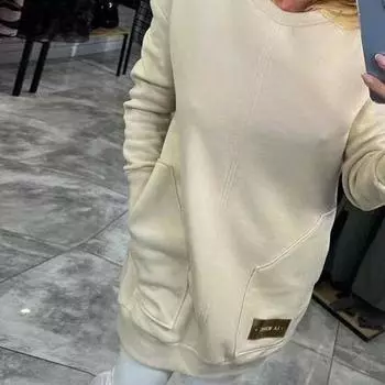 Женское платье-свитшот с двойными карманами, круглым вырезом, длинными рукавами, однотонное, свободное L чёрный