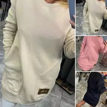 Женское платье-свитшот с двумя карманами, круглым вырезом, длинными рукавами, однотонное свободное мини-платье, повседневная одежда, повседневное короткое платье XL чёрный