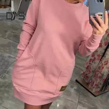 Женское платье-свитшот с двумя карманами, круглым вырезом, длинными рукавами, однотонное свободное мини-платье, повседневная одежда, повседневное короткое платье M абрикосовый