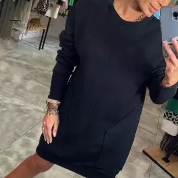 Женское платье-свитшот с двумя карманами, круглым вырезом, длинными рукавами, однотонное свободное мини-платье, повседневная одежда, повседневное короткое платье M абрикосовый