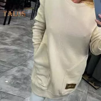 Женское платье-свитшот с двумя карманами, круглым вырезом, длинными рукавами, однотонное свободное мини-платье, повседневная одежда, повседневное короткое платье M розовый