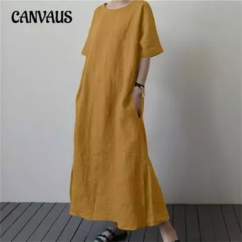 Женское платье, свободное хлопковое льняное платье больших размеров, однотонное платье с короткими рукавами и поясом на шнуровке, разделенное платье