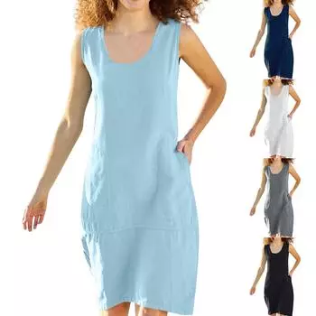 Женское платье, свободное однотонное хлопковое льняное платье с круглым вырезом и карманом без рукавов XL