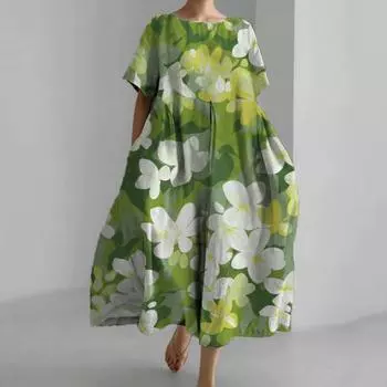 Женское платье, свободное, с круглым вырезом, с коротким рукавом, в богемном стиле, с художественным цветочным принтом, мягкое, негабаритное, пляжное, для путешествий, летнее миди-платье 3XL хаки