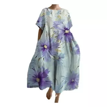 Женское платье, свободное, с круглым вырезом, с коротким рукавом, в богемном стиле, с художественным цветочным принтом, мягкое, негабаритное, пляжное, для путешествий, летнее миди-платье M хаки
