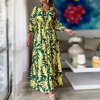 Женское платье свободного кроя с длинными рукавами, V-образным вырезом, в стиле бохо больших размеров с растительным принтом 2XL синий