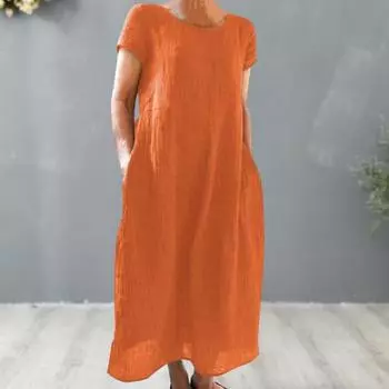 Женское платье Свободного кроя с круглым вырезом, однотонное, с короткими рукавами, можно стирать в машине, декоративное хлопковое льняное женское платье с круглым вырезом и пуловером для женщин XL вино красного
